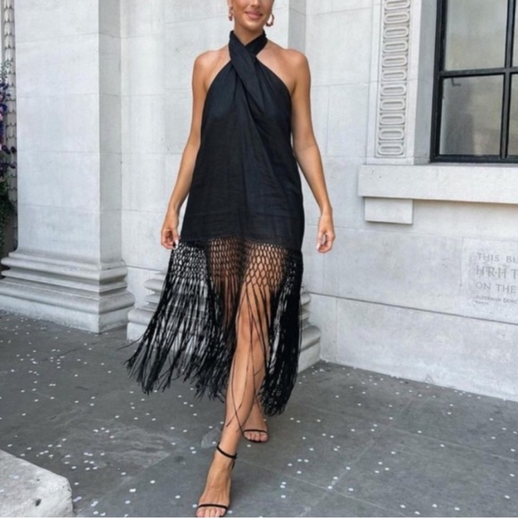 Zara | Dresses | Zara Linen Dress With Fringe Black Nwt | Poshmark